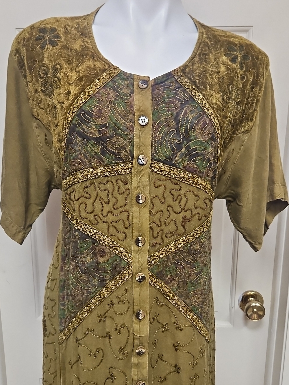 Vintage Maxi Vevet  Made In India Olive Green Button Down Dress